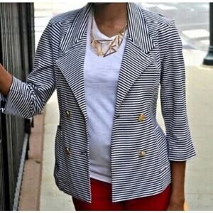 Cabi Life Jacket Double Breasted Navy Blue White Stripe Small Nautical Stretch